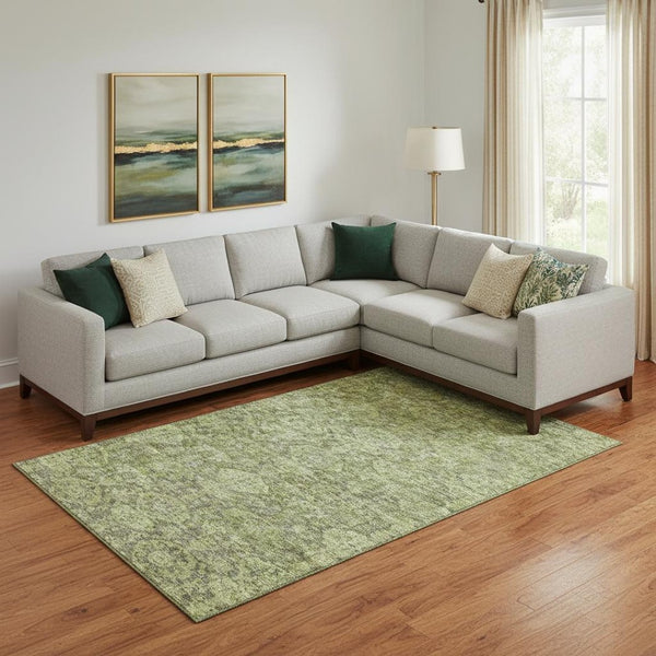 HomeRoots 9' X 12' Green and Gray Damask Area Rug – Washable, Stain-Resistant, UV Protection for High-Traffic Homes 683943