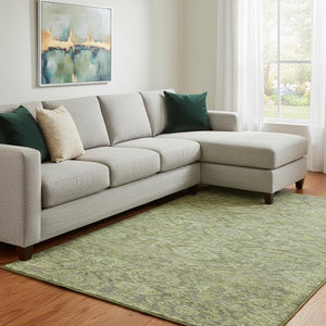 HomeRoots 10' Green and Gray Damask Area Rug - Washable, UV-Protected, Perfect for High-Traffic Family Spaces! 683944