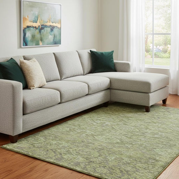 HomeRoots 10' Green and Gray Damask Area Rug - Washable, UV-Protected, Perfect for High-Traffic Family Spaces! 683944