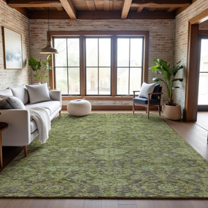 HomeRoots 10' Green and Gray Damask Area Rug - Washable, UV-Protected, Perfect for High-Traffic Family Spaces! 683944