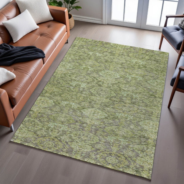 HomeRoots 10' Green and Gray Damask Area Rug - Washable, UV-Protected, Perfect for High-Traffic Family Spaces! 683944