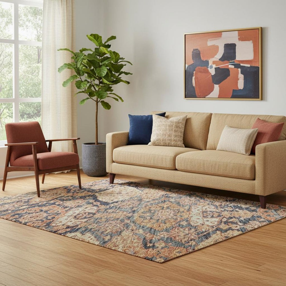HomeRoots 5' X 8' Elegant Terra Cotta & Blue Damask Washable Area Rug with UV Protection for High Traffic Areas 683946