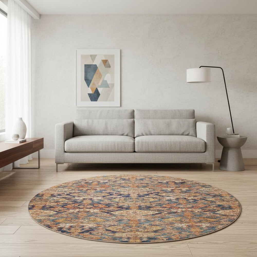 HomeRoots 8' Terra Cotta & Blue Damask Washable Round Rug – Durable, UV Protected, Perfect for High Traffic Areas 683947