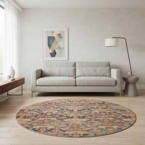 HomeRoots 8' Terra Cotta & Blue Damask Washable Round Rug – Durable, UV Protected, Perfect for High Traffic Areas 683947