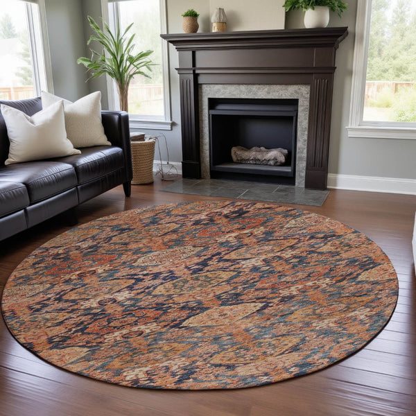 HomeRoots 8' Terra Cotta & Blue Damask Washable Round Rug – Durable, UV Protected, Perfect for High Traffic Areas 683947