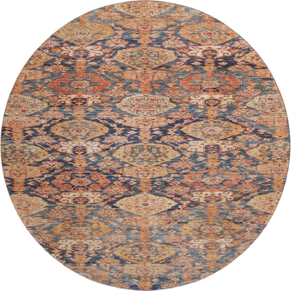 HomeRoots 8' Terra Cotta & Blue Damask Washable Round Rug – Durable, UV Protected, Perfect for High Traffic Areas 683947