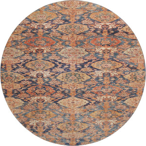HomeRoots 8' Terra Cotta & Blue Damask Washable Round Rug – Durable, UV Protected, Perfect for High Traffic Areas 683947