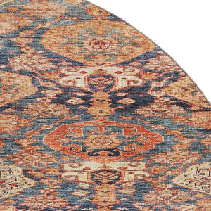 HomeRoots 8' Terra Cotta & Blue Damask Washable Round Rug – Durable, UV Protected, Perfect for High Traffic Areas 683947