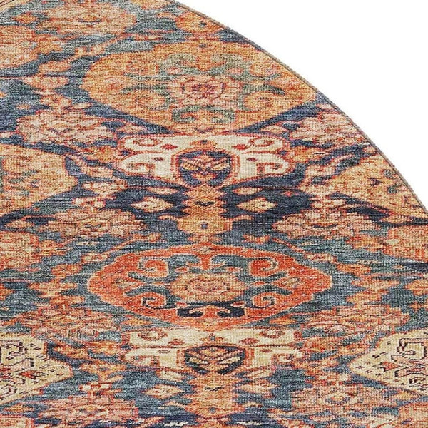 HomeRoots 8' Terra Cotta & Blue Damask Washable Round Rug – Durable, UV Protected, Perfect for High Traffic Areas 683947