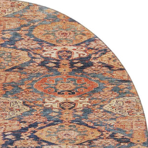HomeRoots 8' Terra Cotta & Blue Damask Washable Round Rug – Durable, UV Protected, Perfect for High Traffic Areas 683947