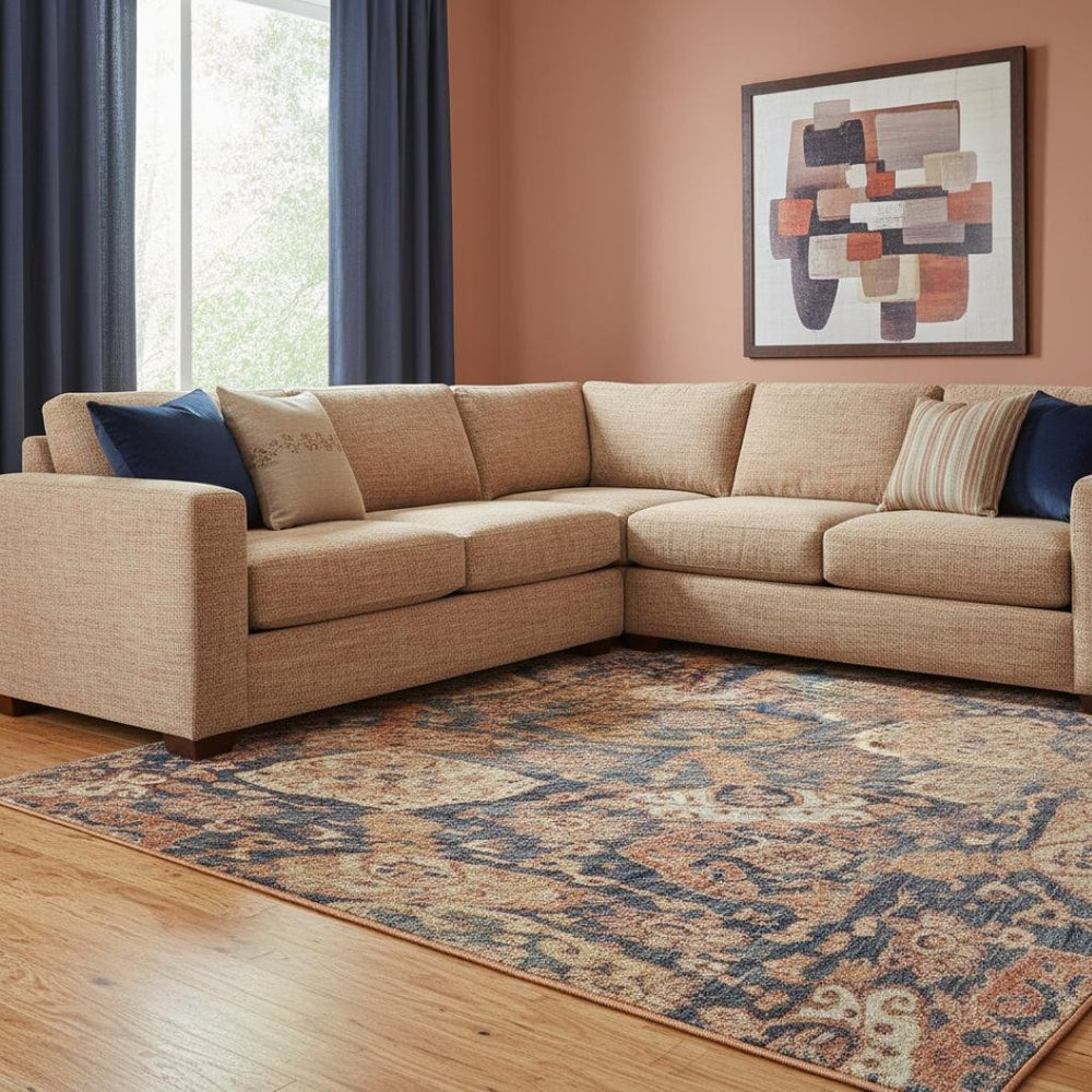 HomeRoots 8' X 10' Terra Cotta & Blue Damask Washable Area Rug with UV Protection for Elegant Spaces 683948