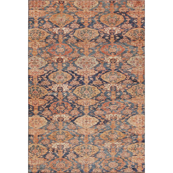 HomeRoots 8' X 10' Terra Cotta & Blue Damask Washable Area Rug with UV Protection for Elegant Spaces 683948