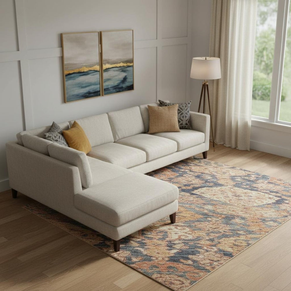 HomeRoots 9' X 12' Terra Cotta and Blue Damask Rug - Washable, Stain Resistant, UV Protected for Easy Care 683949