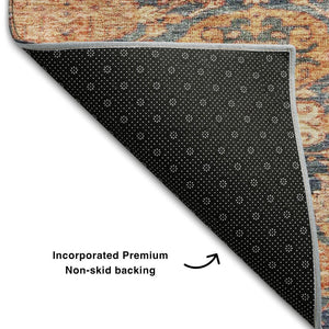 HomeRoots 9' X 12' Terra Cotta and Blue Damask Rug - Washable, Stain Resistant, UV Protected for Easy Care 683949