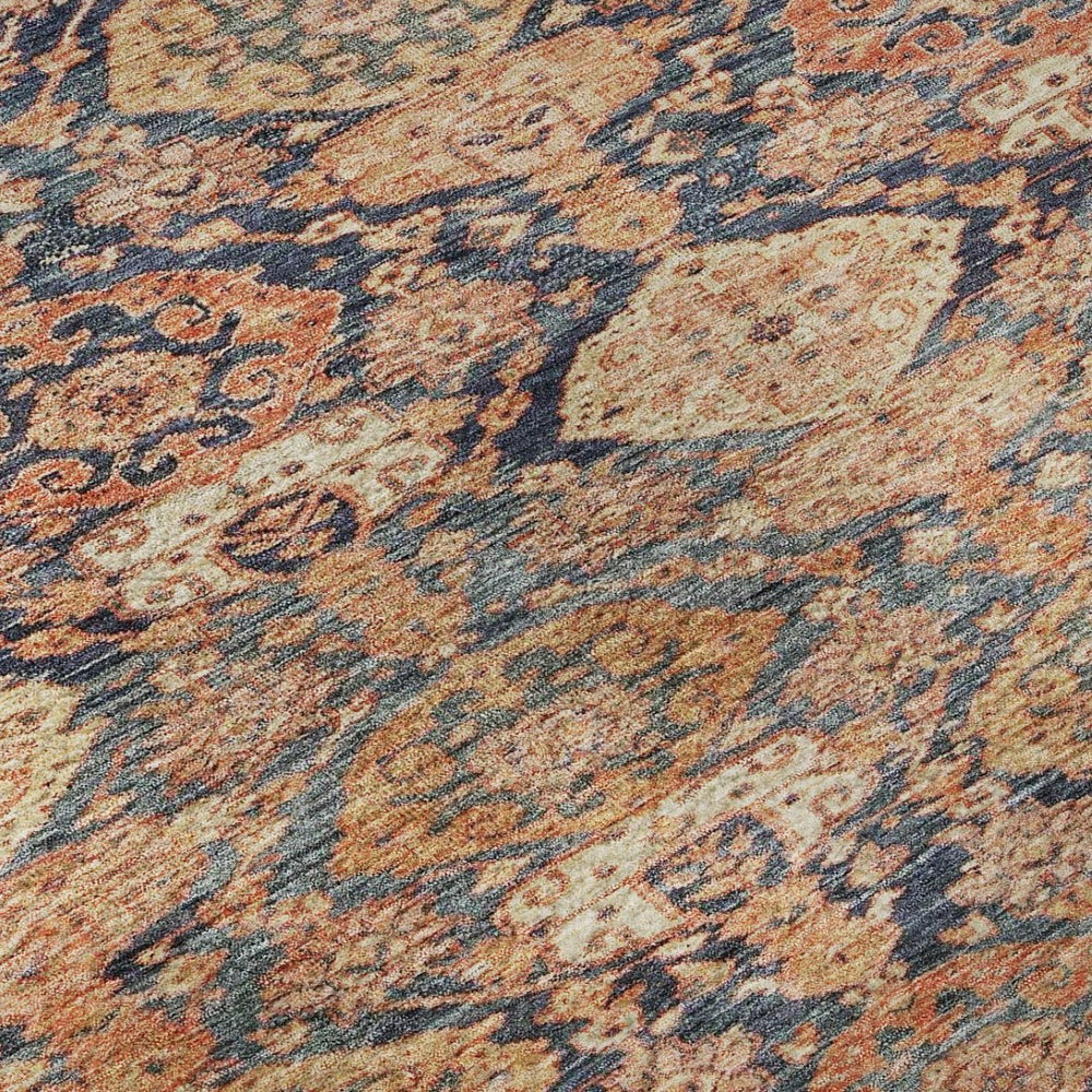 HomeRoots 9' X 12' Terra Cotta and Blue Damask Rug - Washable, Stain Resistant, UV Protected for Easy Care 683949
