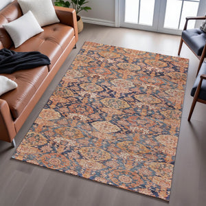 HomeRoots 9' X 12' Terra Cotta and Blue Damask Rug - Washable, Stain Resistant, UV Protected for Easy Care 683949
