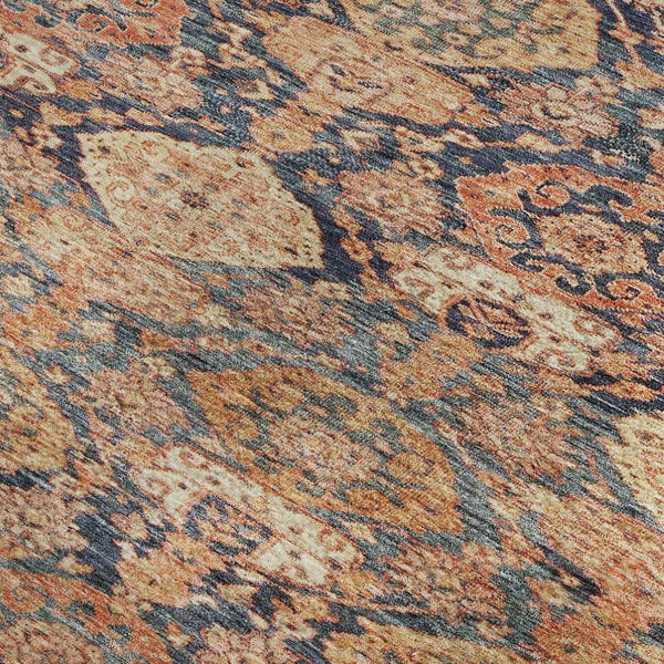 HomeRoots 9' X 12' Terra Cotta and Blue Damask Rug - Washable, Stain Resistant, UV Protected for Easy Care 683949