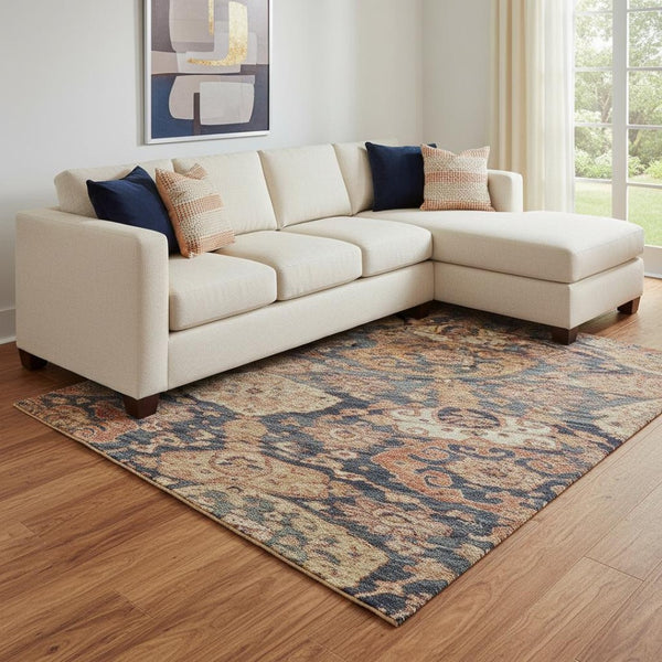 HomeRoots 10' X 14' Terra Cotta & Blue Damask Area Rug - Stain Resistant, UV Protected, Durable for Homes 683950