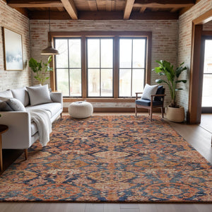 HomeRoots 10' X 14' Terra Cotta & Blue Damask Area Rug - Stain Resistant, UV Protected, Durable for Homes 683950