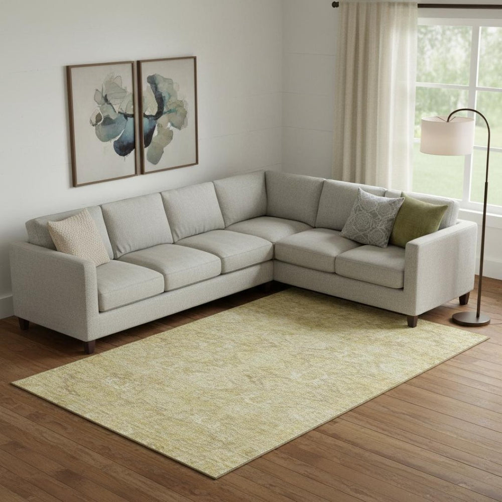 HomeRoots 9' X 12' Wheat and Beige Damask Area Rug - Washable, UV-Protected, Stylish for Homes with Kids & Pets 683955