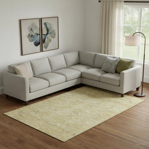 HomeRoots 9' X 12' Wheat and Beige Damask Area Rug - Washable, UV-Protected, Stylish for Homes with Kids & Pets 683955