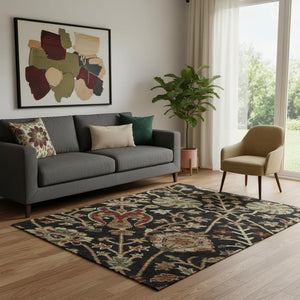 HomeRoots 5' X 8' Elegant Black Copper Red Floral Area Rug - Washable, UV Protected, Durable for High Traffic Areas 683958