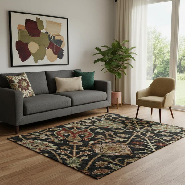 HomeRoots 5' X 8' Elegant Black Copper Red Floral Area Rug - Washable, UV Protected, Durable for High Traffic Areas 683958