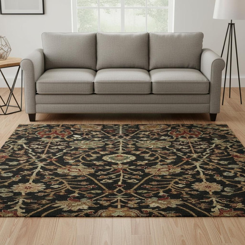 HomeRoots 8' Black Copper and Red Floral Washable Round Rug – UV Protected, Durable & Pet-Friendly Accent Piece 683959