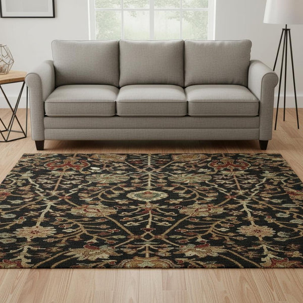 HomeRoots 8' Black Copper and Red Floral Washable Round Rug – UV Protected, Durable & Pet-Friendly Accent Piece 683959