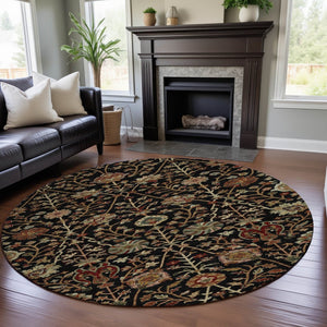 HomeRoots 8' Black Copper and Red Floral Washable Round Rug – UV Protected, Durable & Pet-Friendly Accent Piece 683959