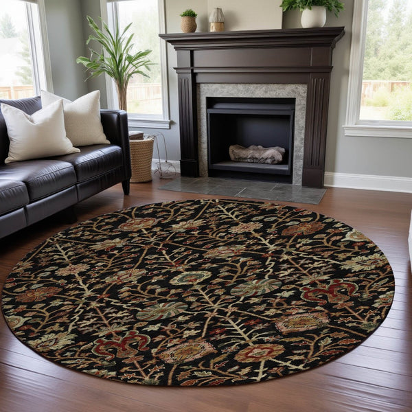 HomeRoots 8' Black Copper and Red Floral Washable Round Rug – UV Protected, Durable & Pet-Friendly Accent Piece 683959