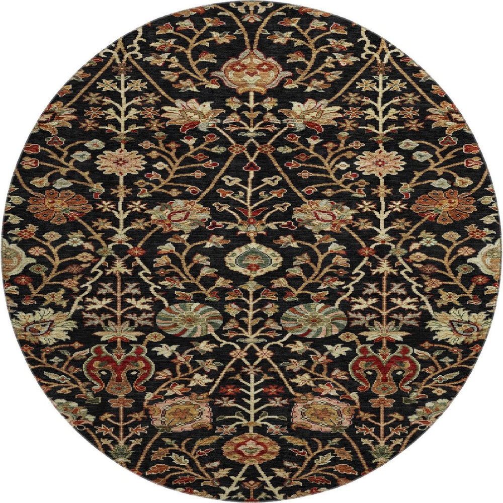 HomeRoots 8' Black Copper and Red Floral Washable Round Rug – UV Protected, Durable & Pet-Friendly Accent Piece 683959