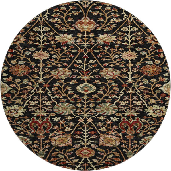 HomeRoots 8' Black Copper and Red Floral Washable Round Rug – UV Protected, Durable & Pet-Friendly Accent Piece 683959