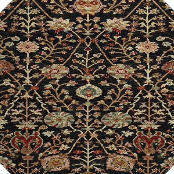 HomeRoots 8' Black Copper and Red Floral Washable Round Rug – UV Protected, Durable & Pet-Friendly Accent Piece 683959
