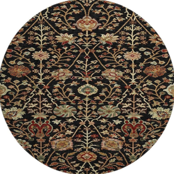 HomeRoots 8' Black Copper and Red Floral Washable Round Rug – UV Protected, Durable & Pet-Friendly Accent Piece 683959