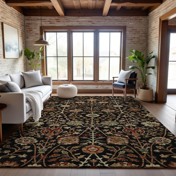 HomeRoots 10' X 14' Floral Area Rug in Black, Copper & Red - Washable, UV Protected, Stain Resistant Design! 683962