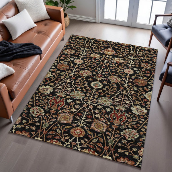 HomeRoots 10' X 14' Floral Area Rug in Black, Copper & Red - Washable, UV Protected, Stain Resistant Design! 683962