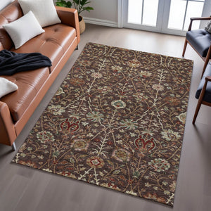 HomeRoots 5' X 8' Chocolate Red & Copper Floral Area Rug – Stain-Resistant, Washable, UV-Protected Beauty! 683964