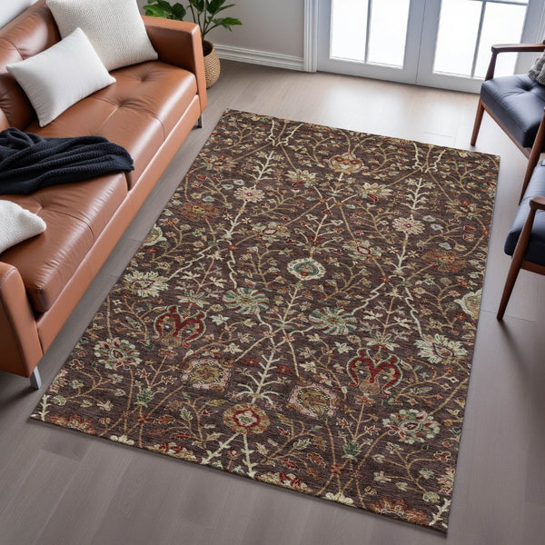HomeRoots 5' X 8' Chocolate Red & Copper Floral Area Rug – Stain-Resistant, Washable, UV-Protected Beauty! 683964