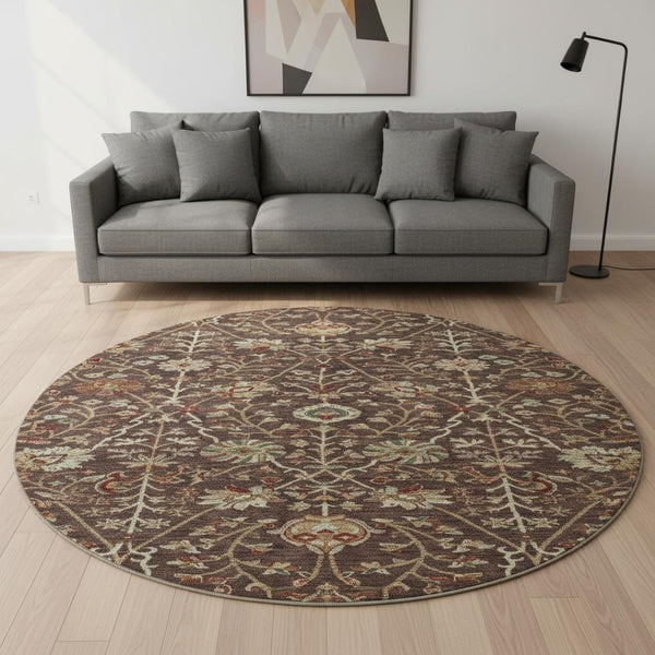 HomeRoots 8' Chocolate Floral Washable Round Rug - UV Protected, Stain-Resistant, Perfect for Any Space! 683965