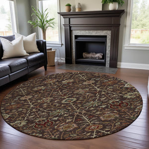 HomeRoots 8' Chocolate Floral Washable Round Rug - UV Protected, Stain-Resistant, Perfect for Any Space! 683965