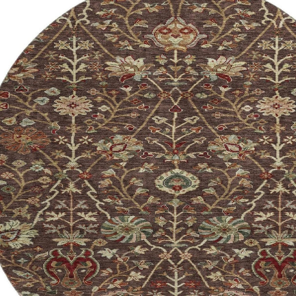 HomeRoots 8' Chocolate Floral Washable Round Rug - UV Protected, Stain-Resistant, Perfect for Any Space! 683965