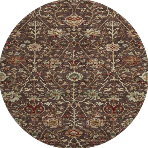 HomeRoots 8' Chocolate Floral Washable Round Rug - UV Protected, Stain-Resistant, Perfect for Any Space! 683965