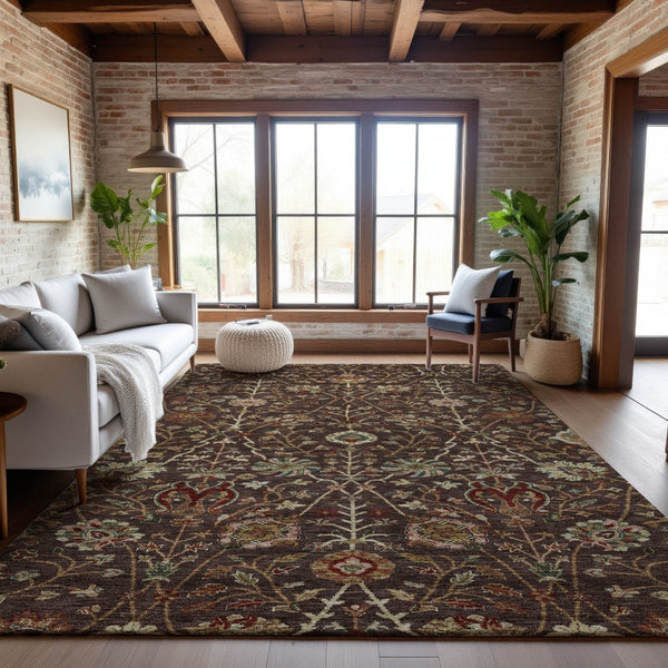 HomeRoots 10' X 14' Floral Washable Area Rug in Chocolate Red & Copper – Durable, UV Protected & Stylish Design 683968