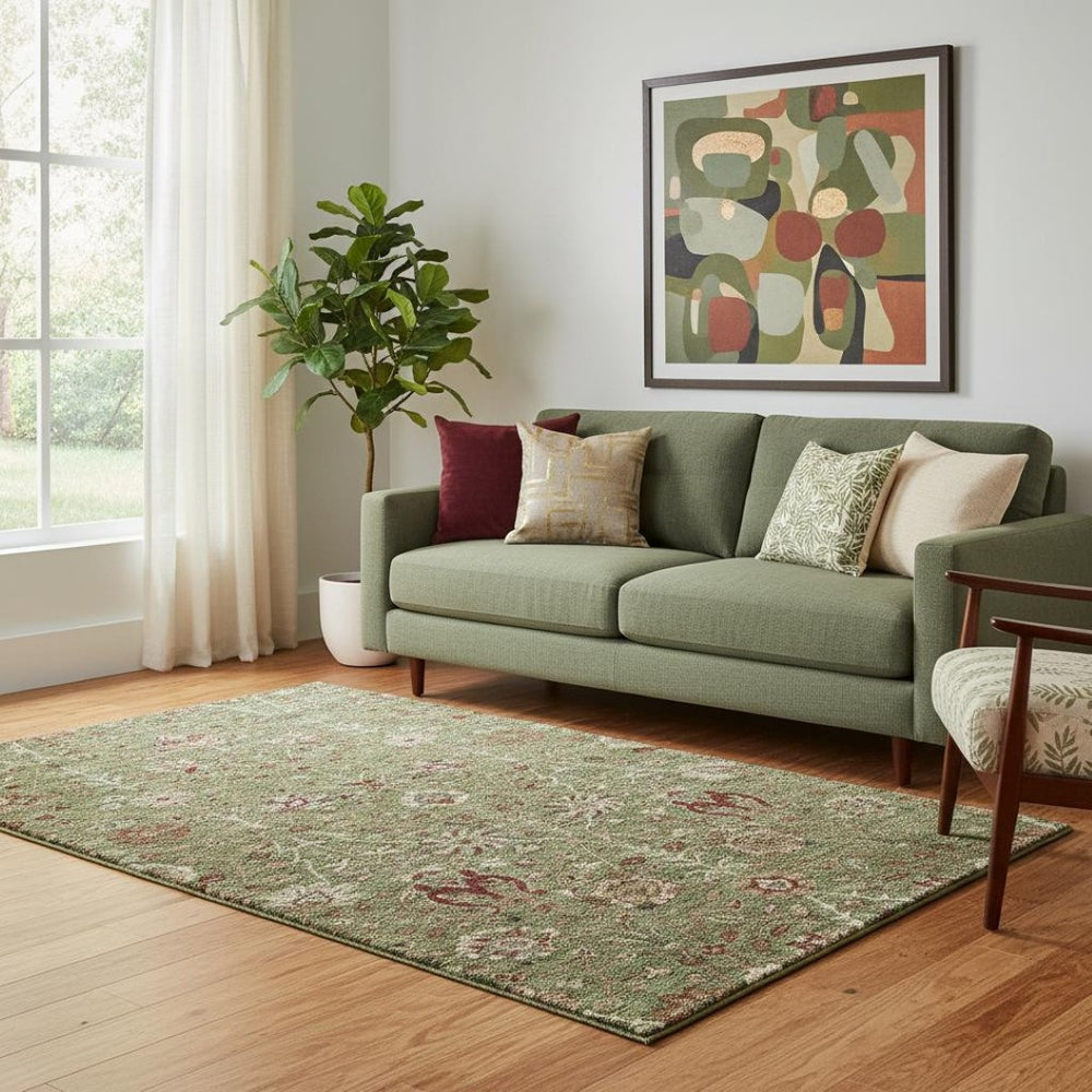 HomeRoots 5' X 8' Washable Floral Area Rug in Fern Green, Red, Ivory - UV Protected, Durable, Kid & Pet Friendly 683970