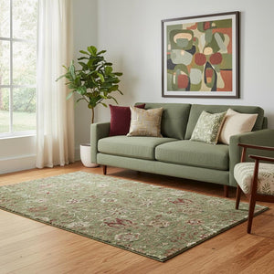 HomeRoots 5' X 8' Washable Floral Area Rug in Fern Green, Red, Ivory - UV Protected, Durable, Kid & Pet Friendly 683970