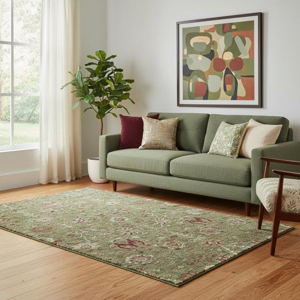 HomeRoots 5' X 8' Washable Floral Area Rug in Fern Green, Red, Ivory - UV Protected, Durable, Kid & Pet Friendly 683970