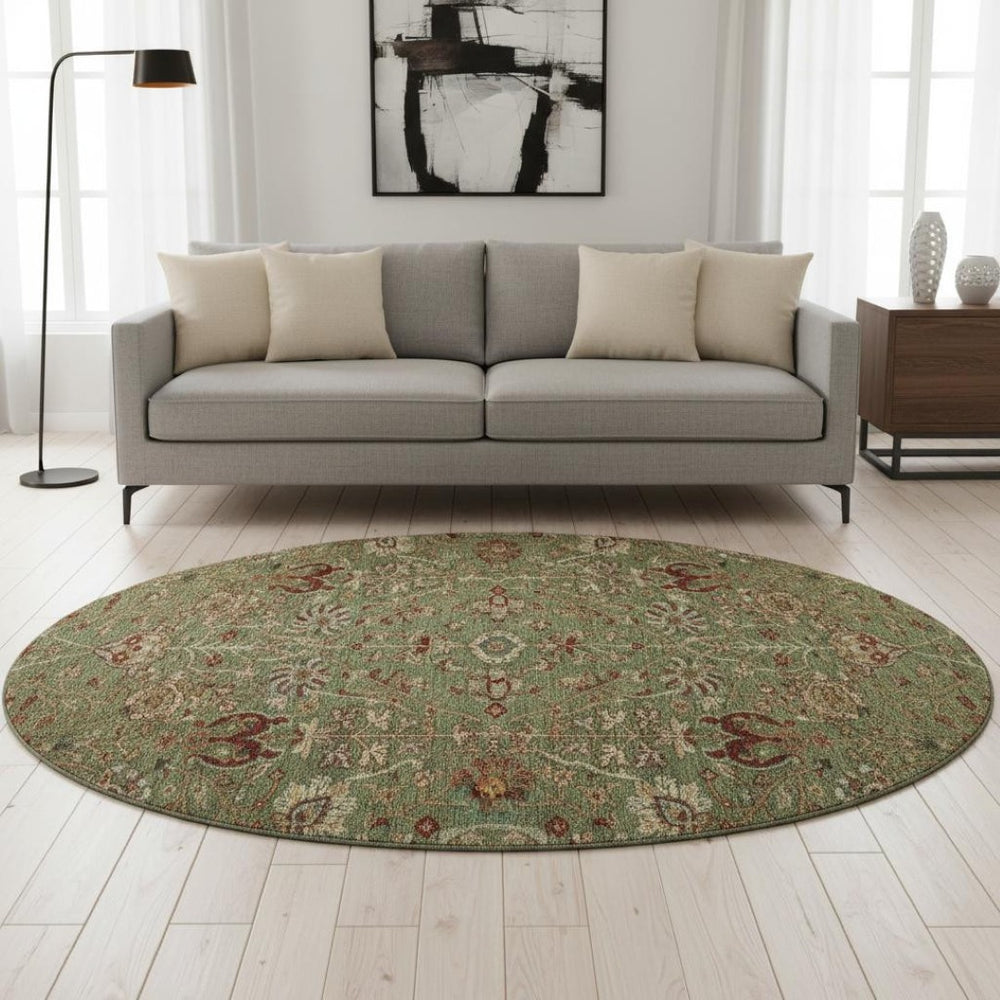 HomeRoots 8' Fern Green Red Ivory Floral Round Rug - Washable, UV-Protected, Stain-Resistant for Busy Homes 683971