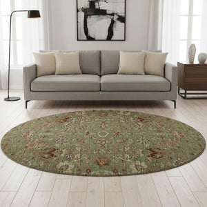 HomeRoots 8' Fern Green Red Ivory Floral Round Rug - Washable, UV-Protected, Stain-Resistant for Busy Homes 683971