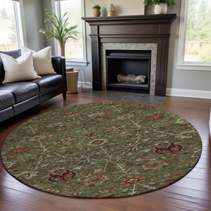HomeRoots 8' Fern Green Red Ivory Floral Round Rug - Washable, UV-Protected, Stain-Resistant for Busy Homes 683971
